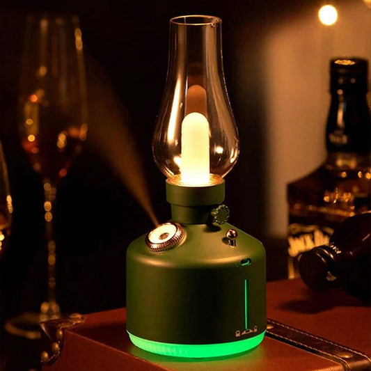 Vintage Elegance: Kerosene lamp-shaped cool mist humidifier with 7-color night light. Essential for kids' nursery and home.