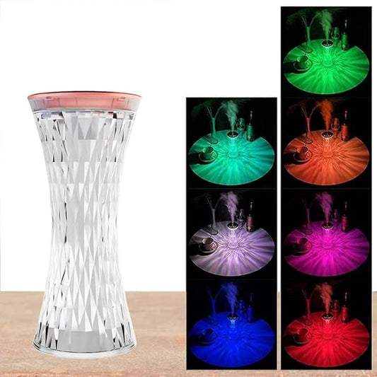 RGB touch lamp displaying 16 colors in acrylic tower shape for versatile room decor.