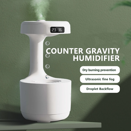 Innovative anti-gravity humidifier featuring water drop mist and aroma diffuser functionality.