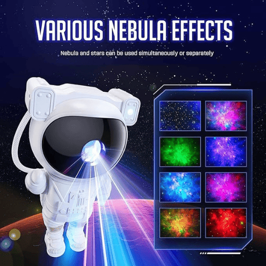 Astronaut-inspired nebula galaxy projector lamp casting cosmic patterns.